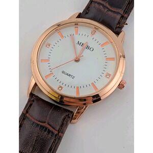 Meibo Watch Men 40mm Rose Gold Case Brown Faux Leather Band- New Battery
